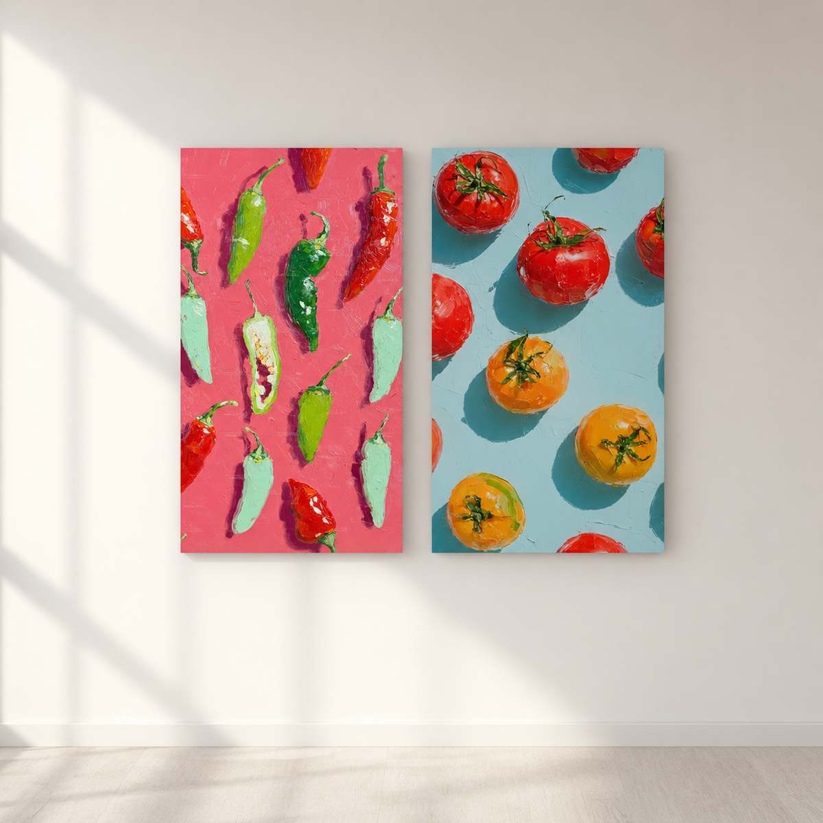Pepper & Tomatoes Duo — 2-Piece 3D UV Textured Wall Art Set