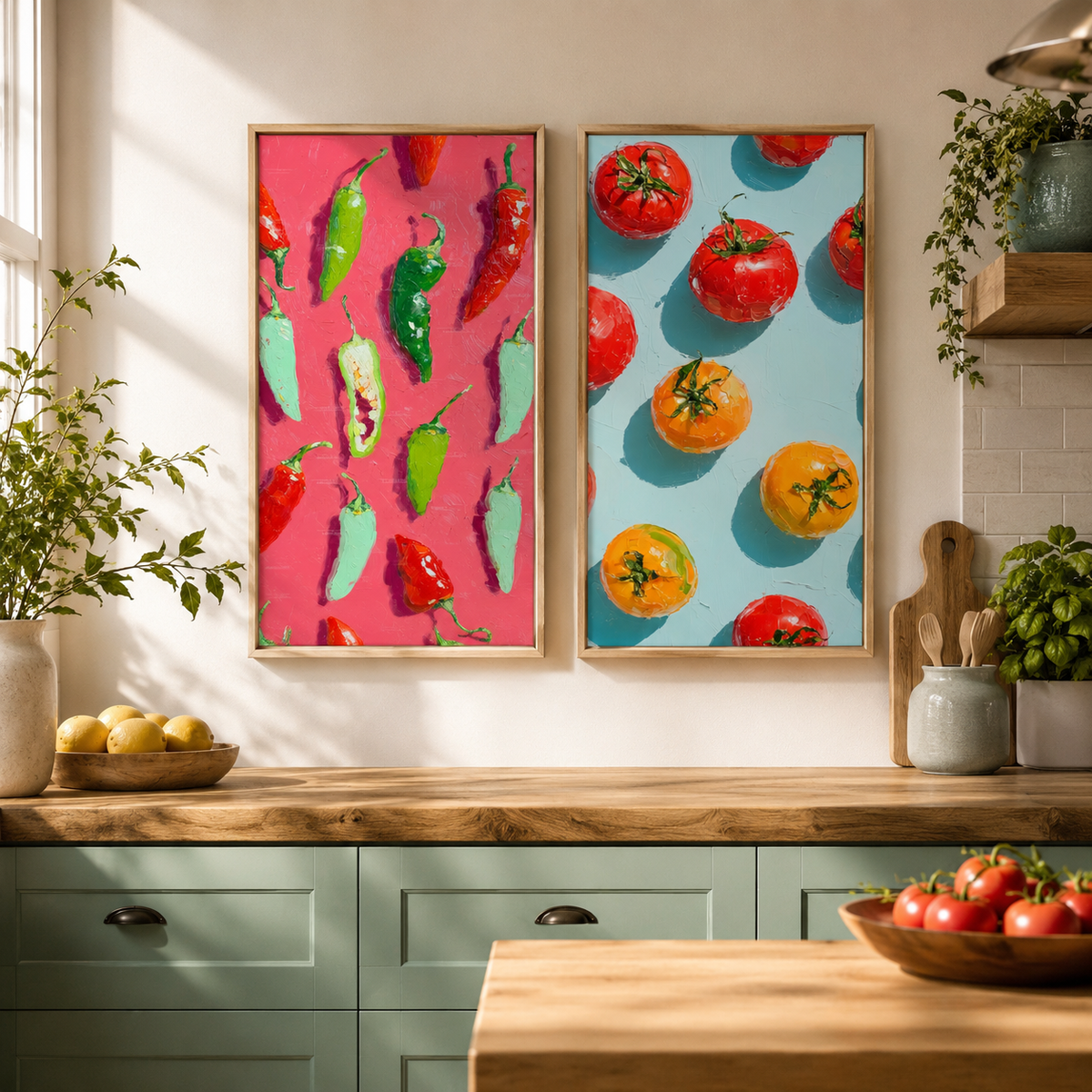 Pepper & Tomatoes Duo — 2-Piece 3D UV Textured Wall Art Set
