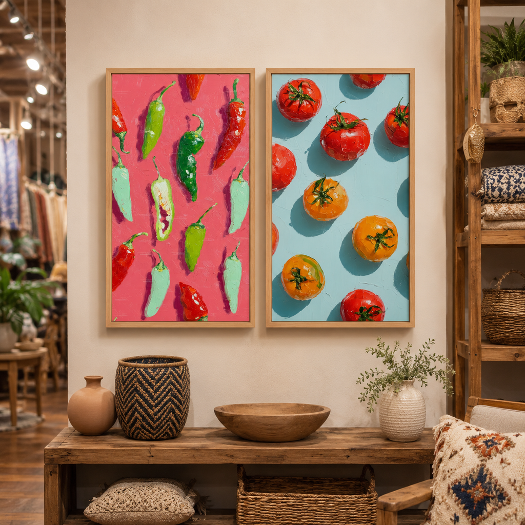 Pepper & Tomatoes Duo — 2-Piece 3D UV Textured Wall Art Set