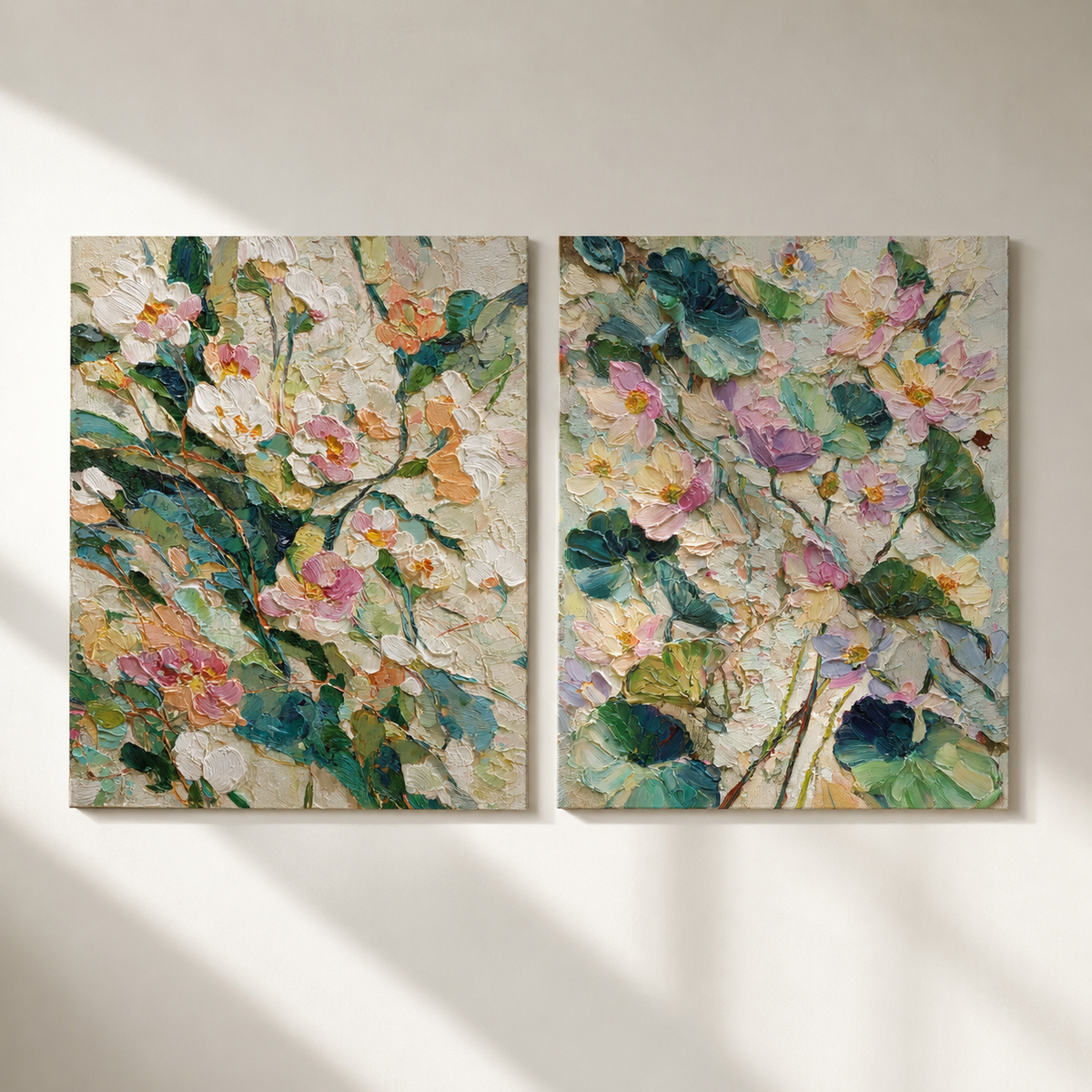 White Peonies and Lotus Blooms 2-piece 3D UV textured wall art set on white wall