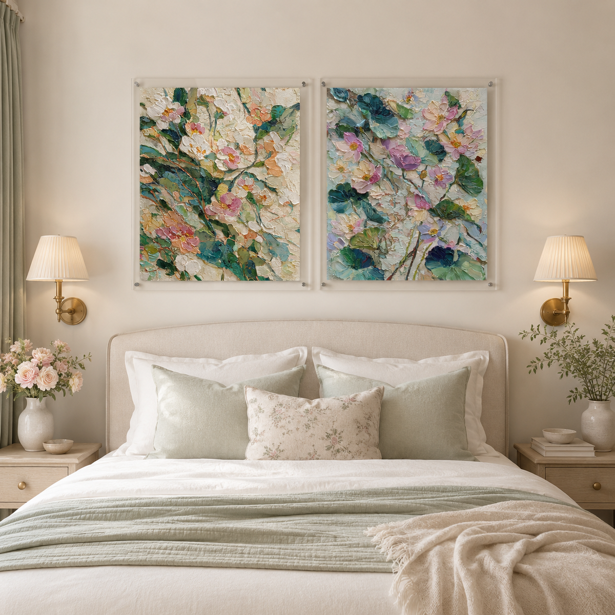 White Peonies and Lotus Blooms wall art set in room setting