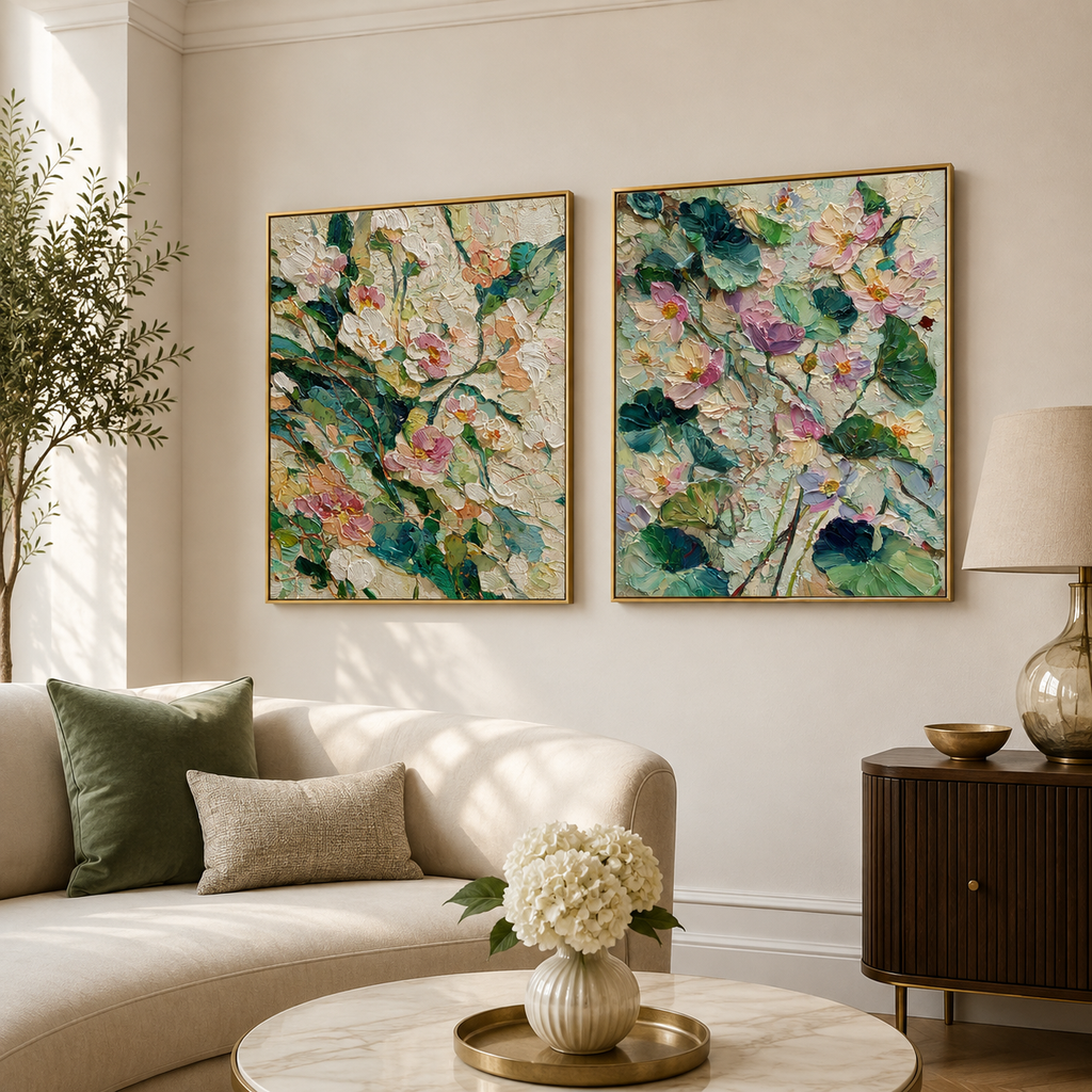 White Peonies and Lotus Blooms wall art set in living room