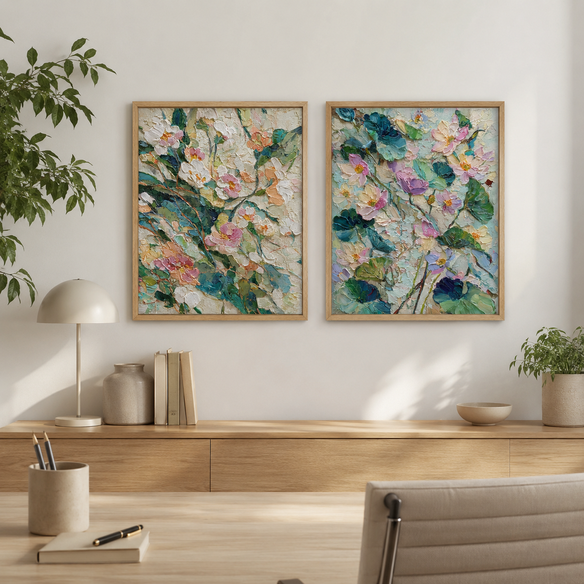 White Peonies and Lotus Blooms wall art set in bedroom