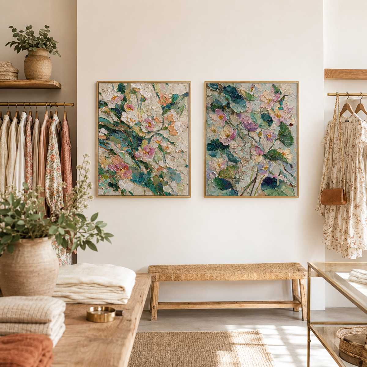 White Peonies and Lotus Blooms wall art set detail view