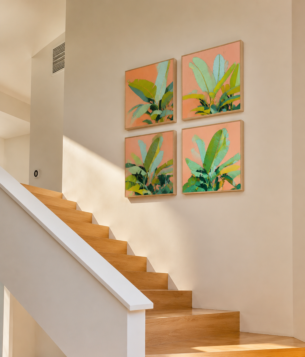 Tropical Leaves in Coral — 4-Piece 3D UV Textured Wall Art Set