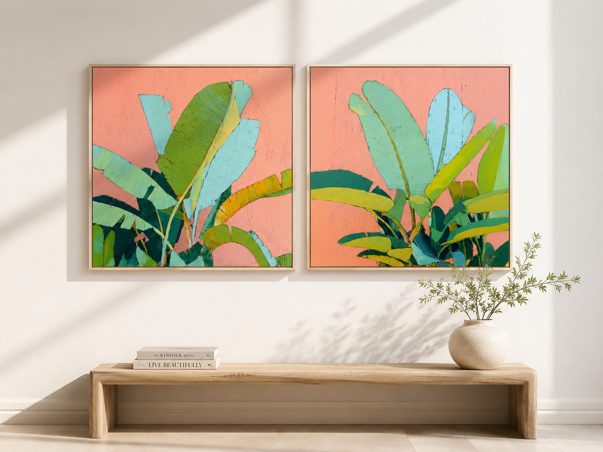 Tropical Leaves in Coral — 4-Piece 3D UV Textured Wall Art Set