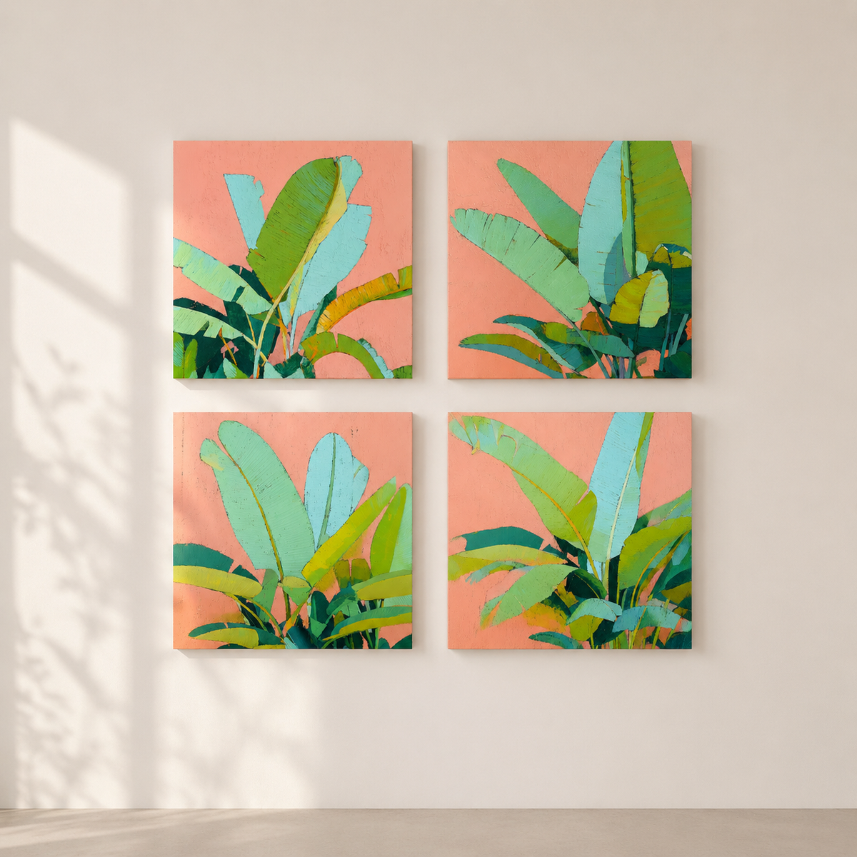 Tropical Leaves in Coral — 4-Piece 3D UV Textured Wall Art Set