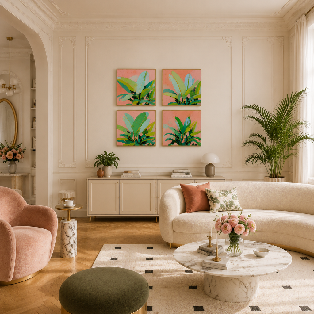 Tropical Leaves in Coral — 4-Piece 3D UV Textured Wall Art Set