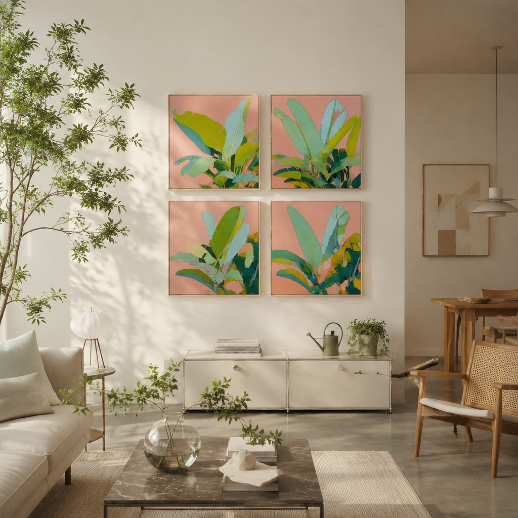 Tropical Leaves in Coral — 4-Piece 3D UV Textured Wall Art Set