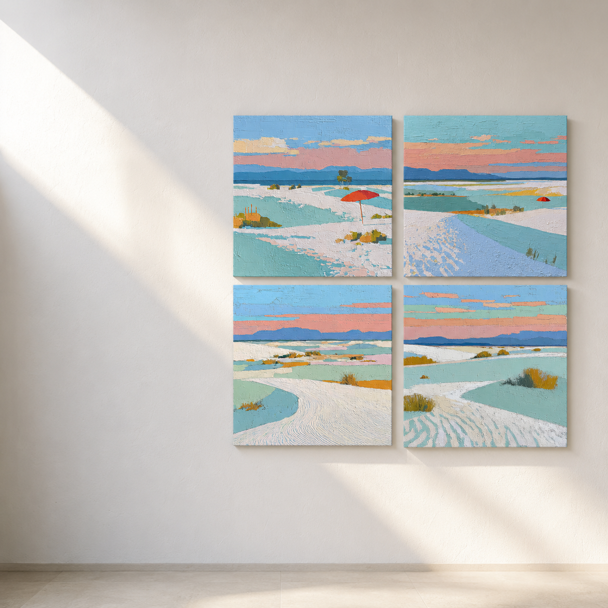 White Sands 4-piece 3D UV textured wall art set on white wall