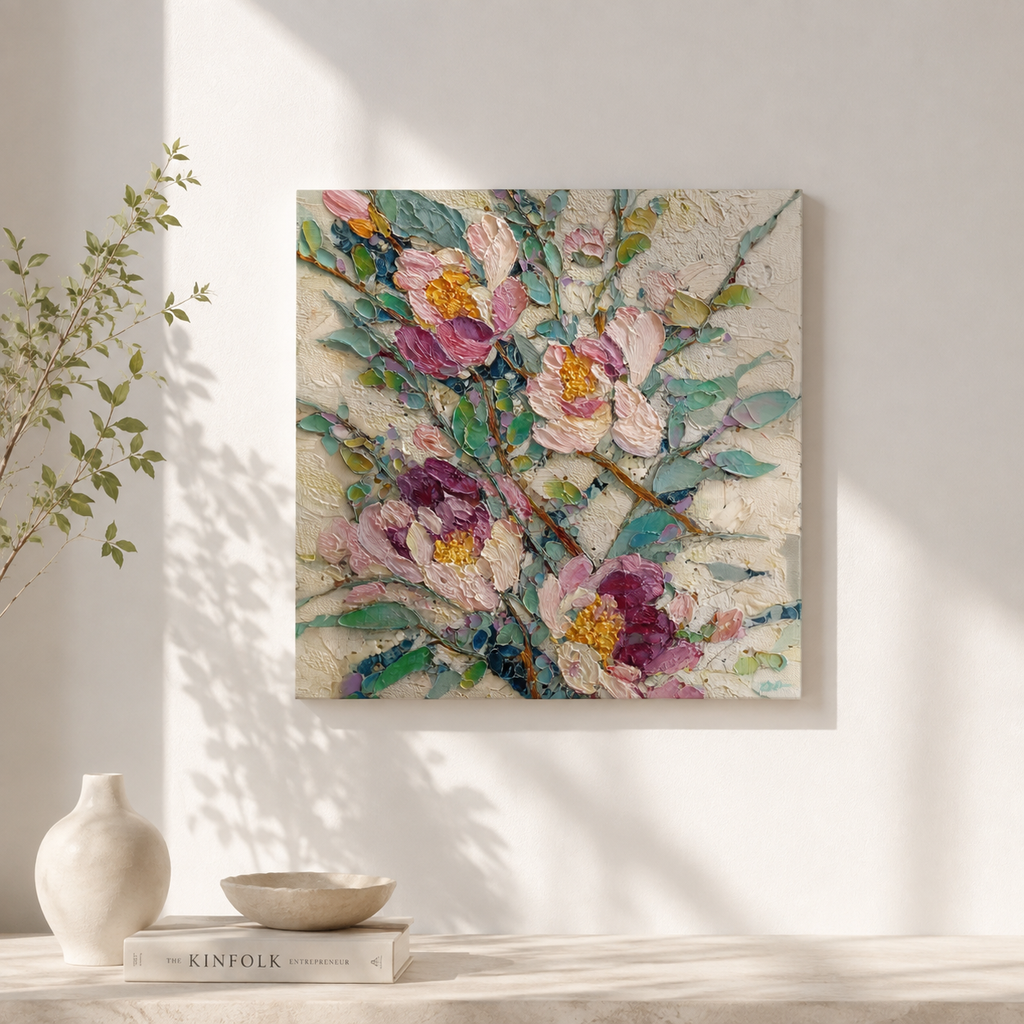 Abstract Peonies square 3D UV textured wall art print on white wall