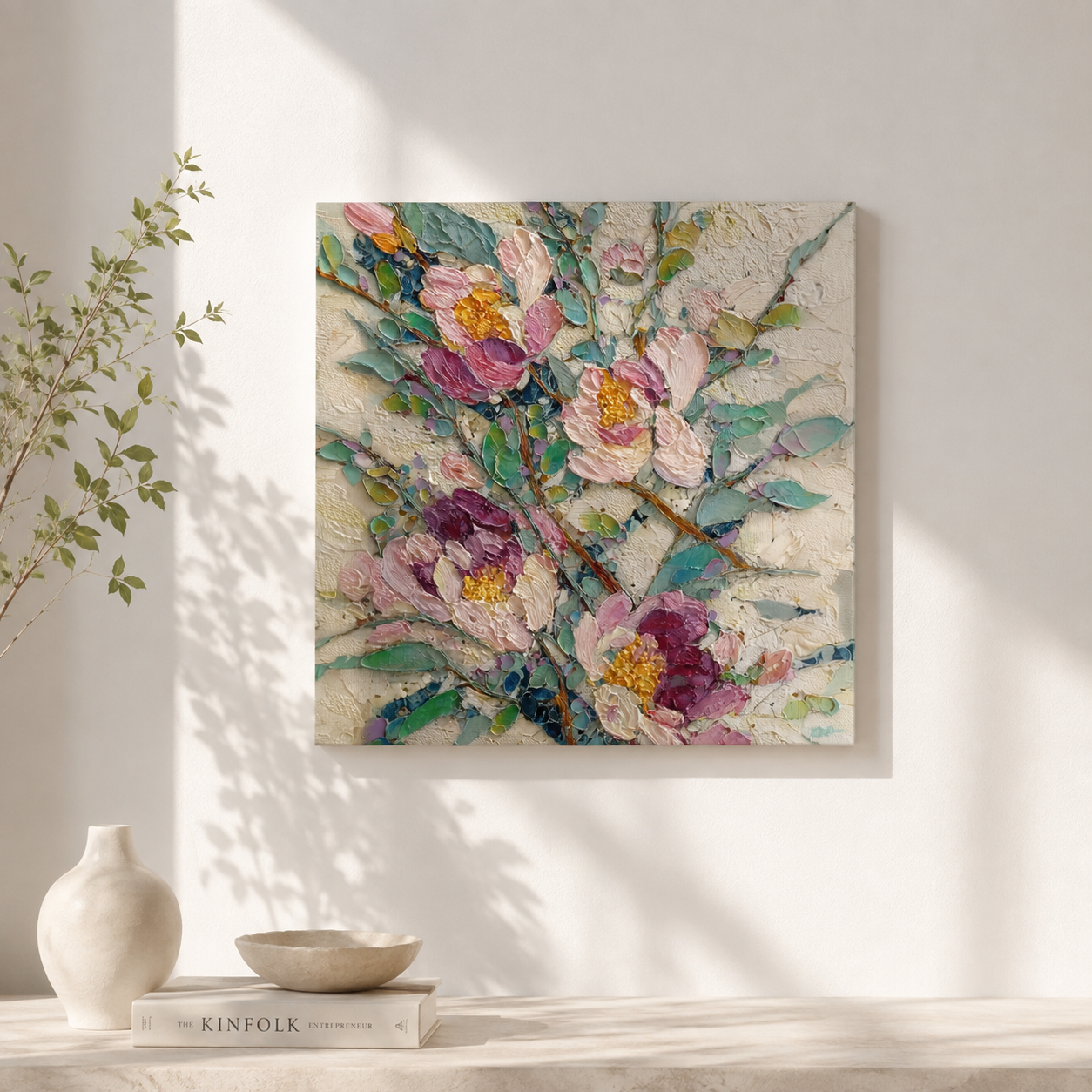 Abstract Peonies square 3D UV textured wall art print on white wall