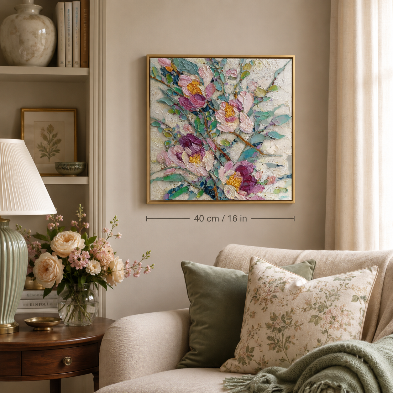 Abstract Peonies square wall art print in living room