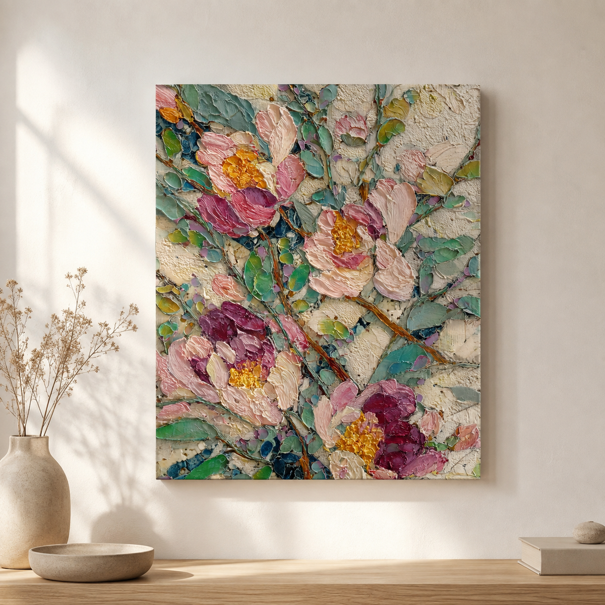 Abstract Peonies portrait 3D UV textured wall art print on white wall