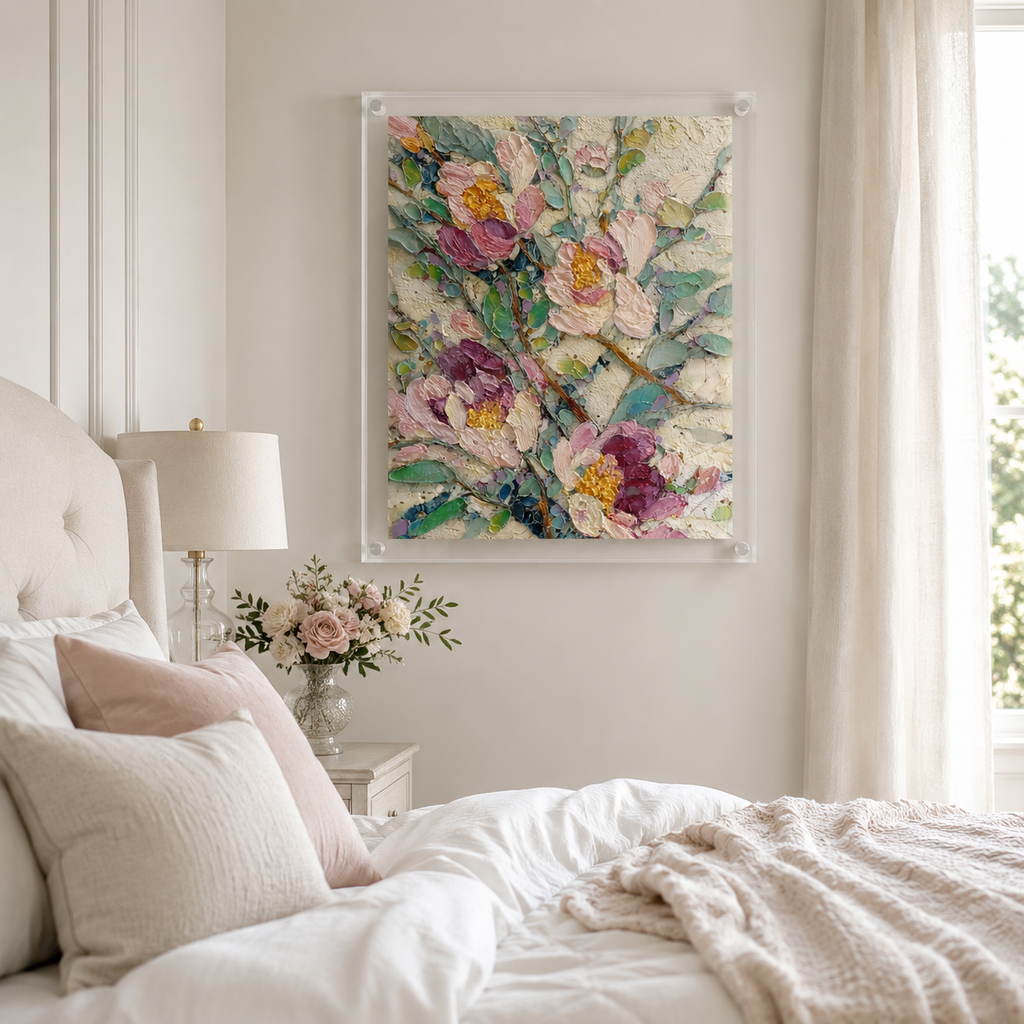 Abstract Peonies portrait wall art print in room setting