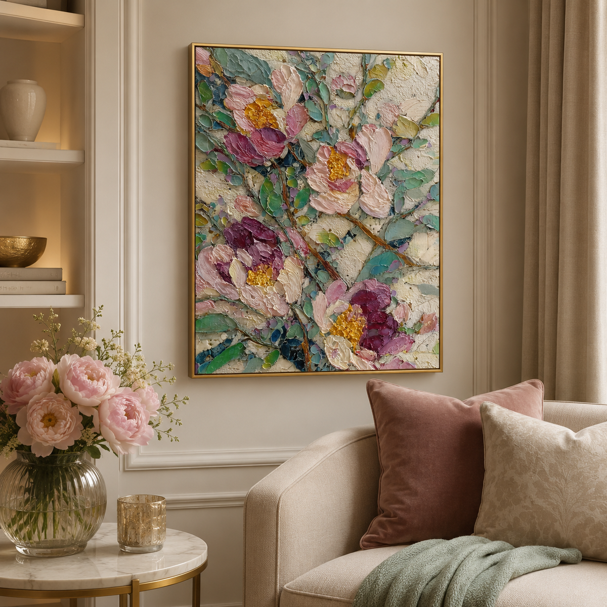 Abstract Peonies portrait wall art print in living room