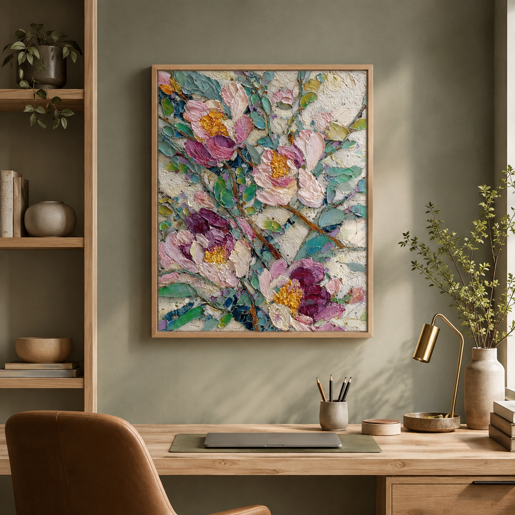 Abstract Peonies portrait wall art print in bedroom