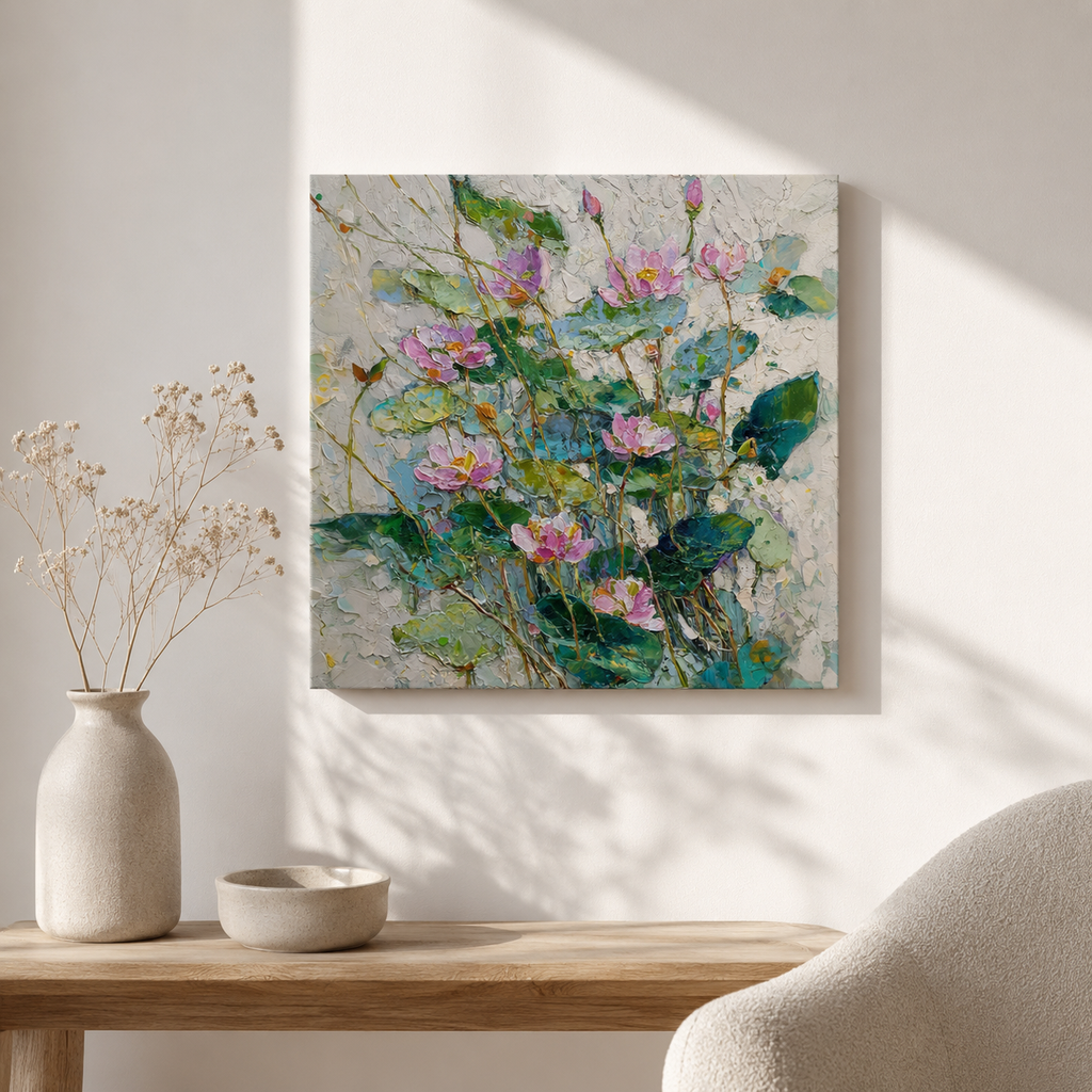 Moonlight Lotus square 3D UV textured wall art print on white wall