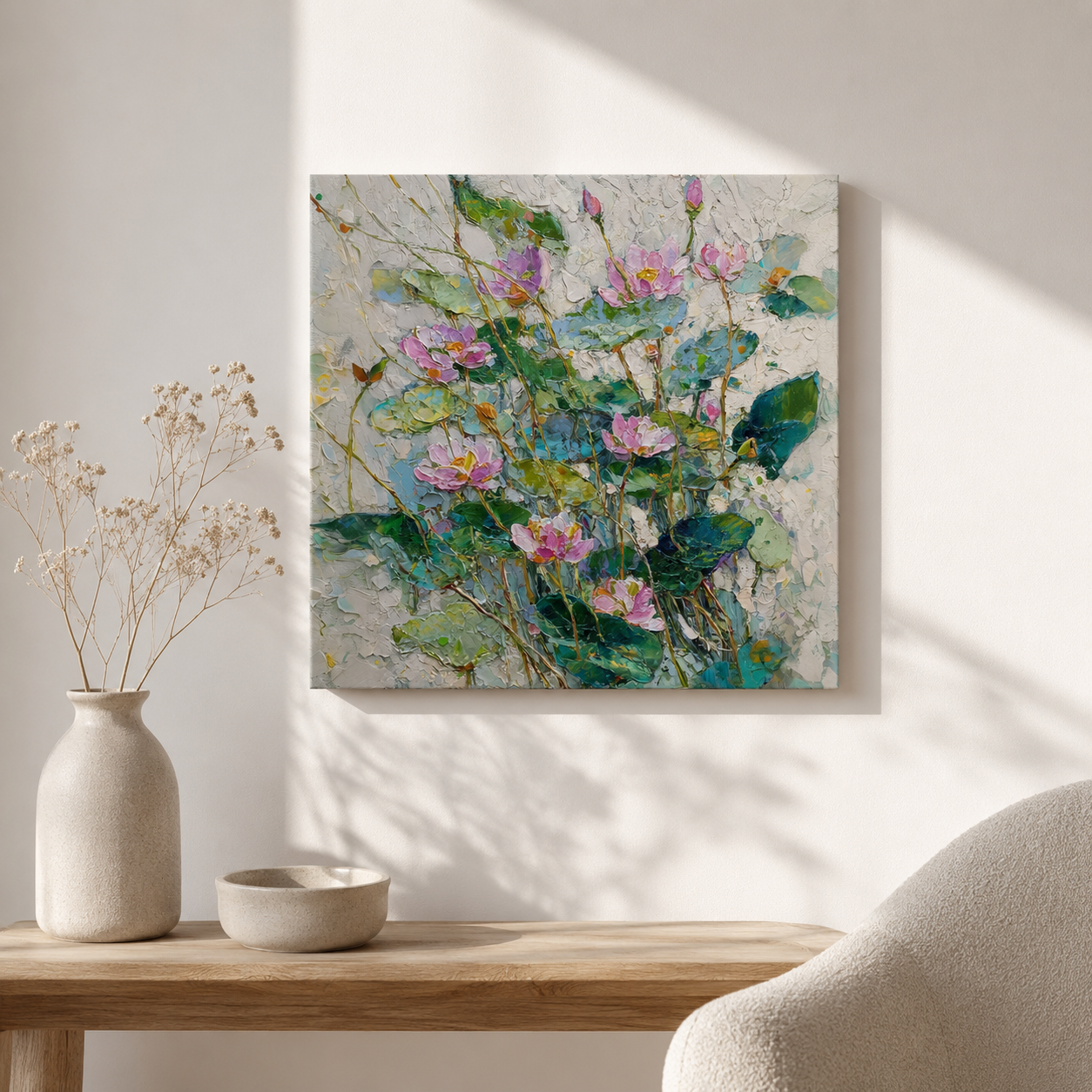 Moonlight Lotus square 3D UV textured wall art print on white wall