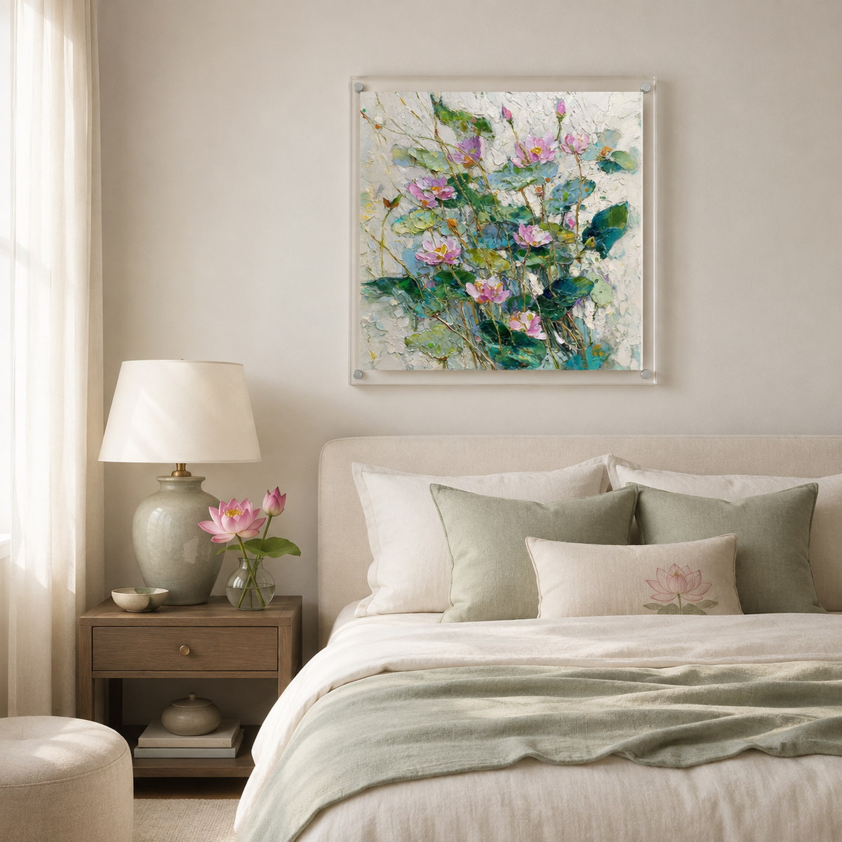 Moonlight Lotus square wall art print in room setting