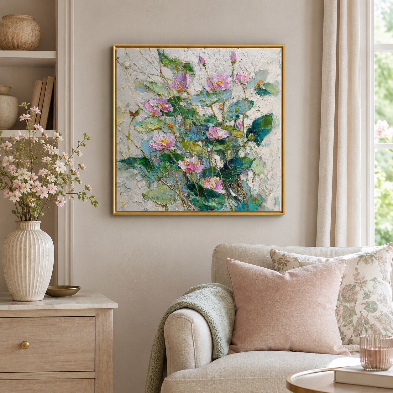 Moonlight Lotus square wall art print in living room