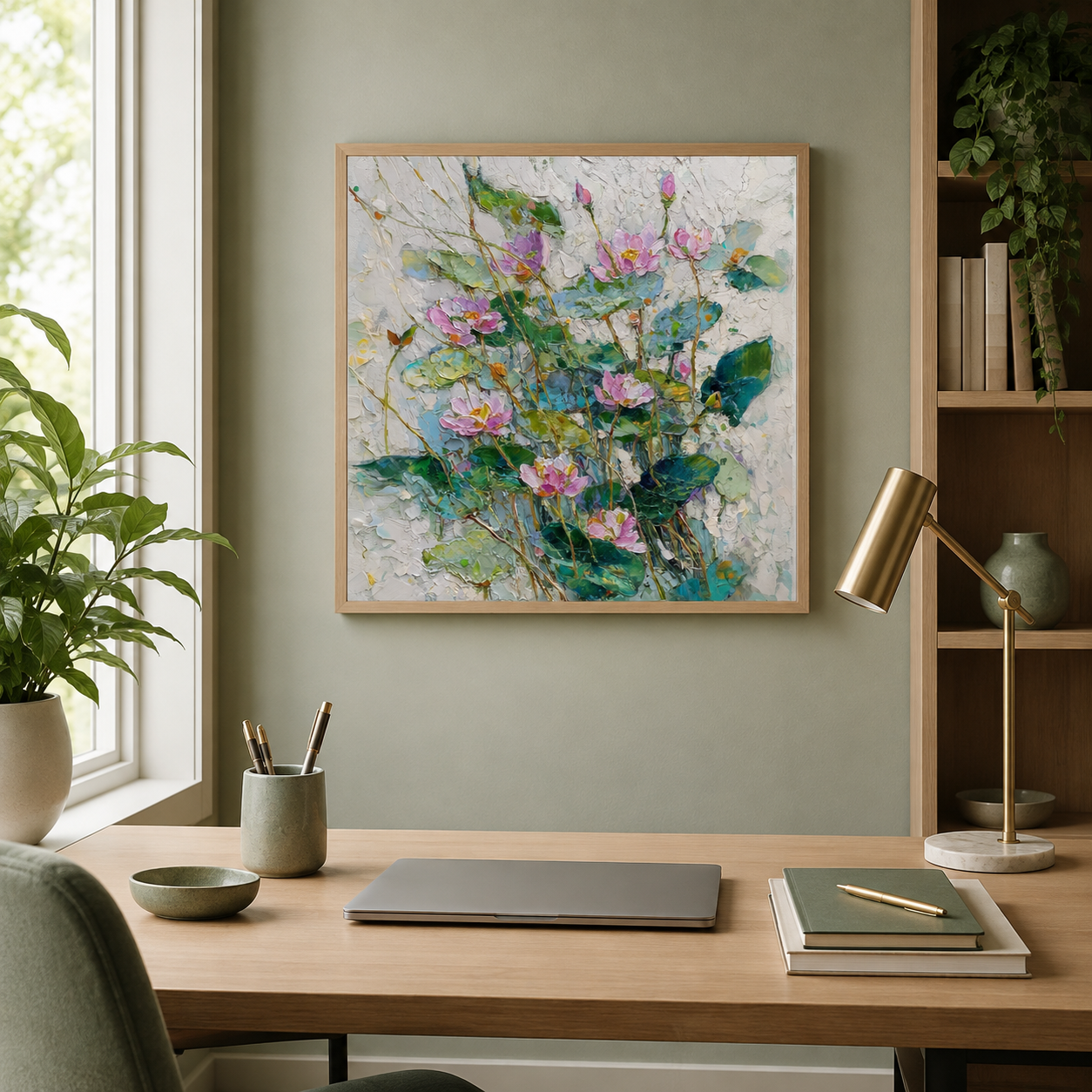 Moonlight Lotus square wall art print in bedroom