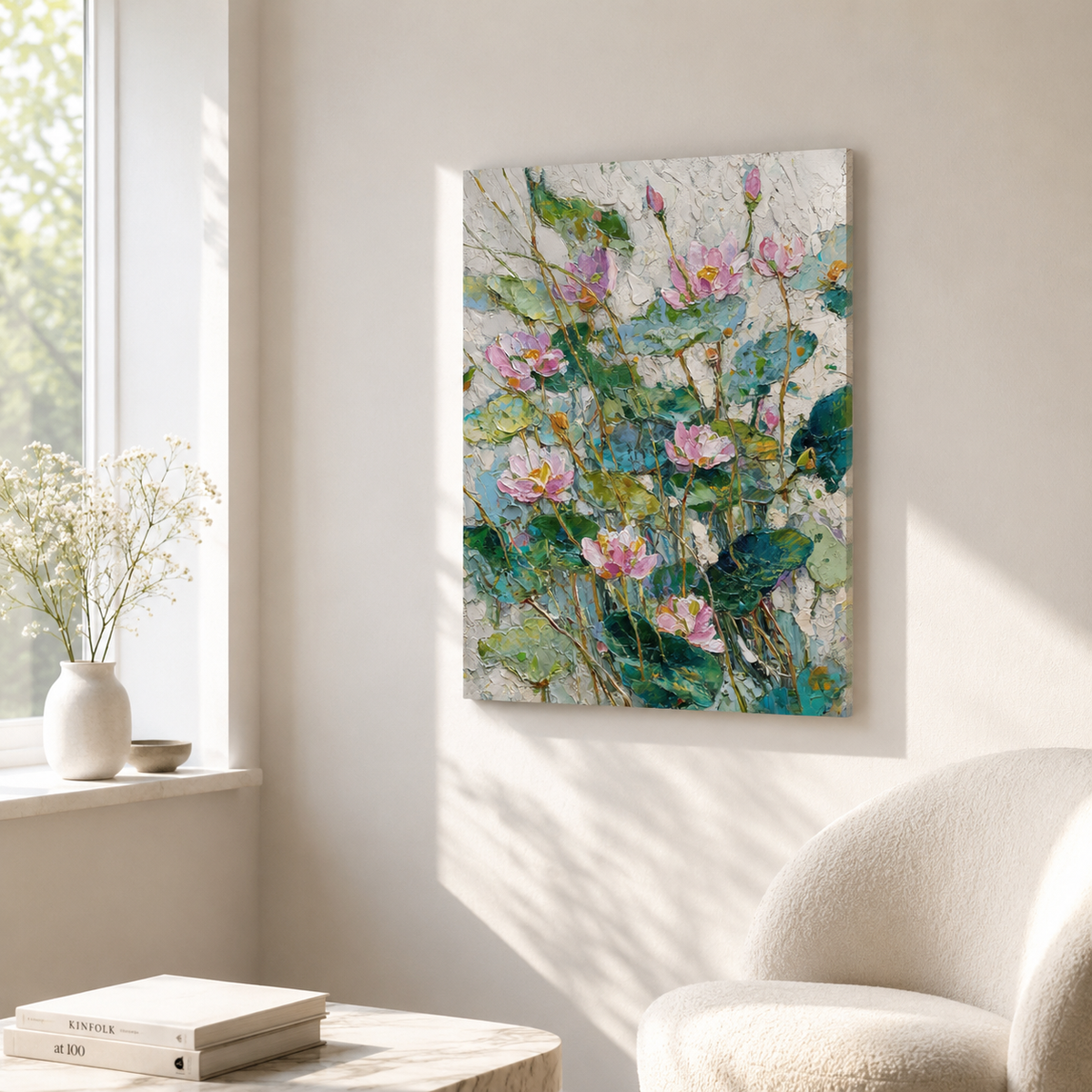 Moonlight Lotus portrait 3D UV textured wall art print on white wall