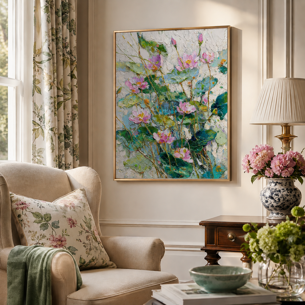 Moonlight Lotus portrait wall art print in living room