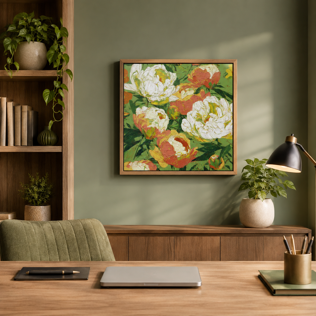 Peony Blooms wall art print in bedroom