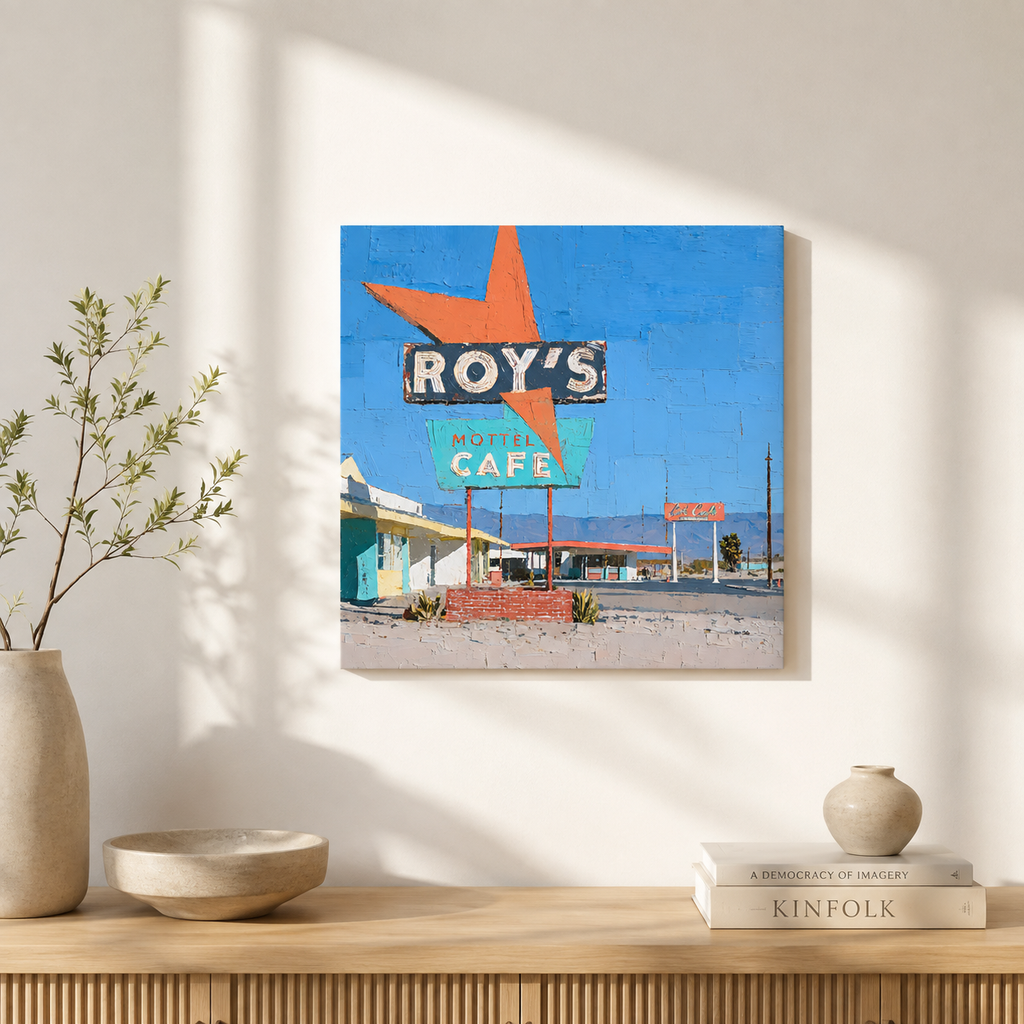 Roy's Motel Cafe 3D UV textured wall art print on white wall