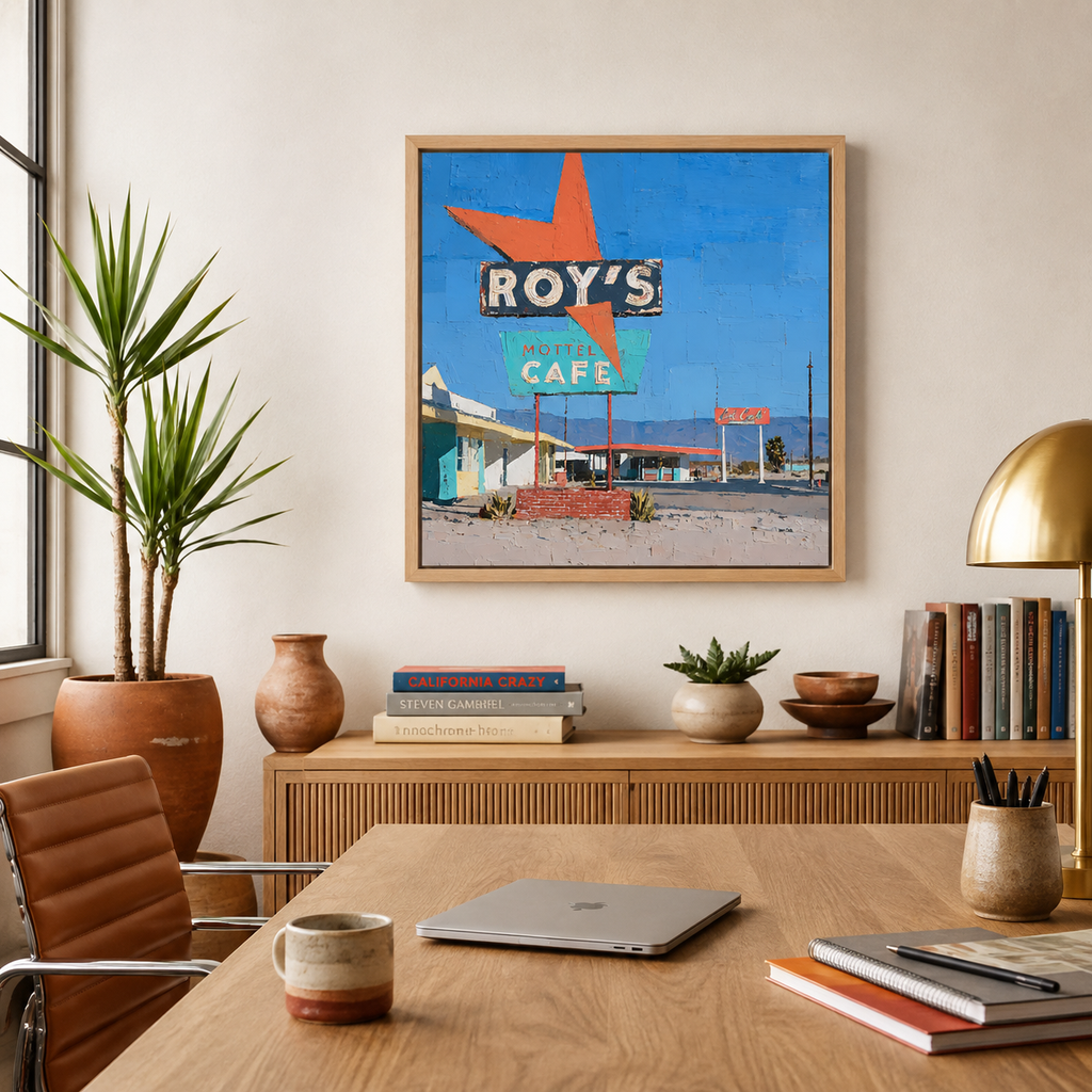 Roy's Motel Cafe wall art print in bedroom