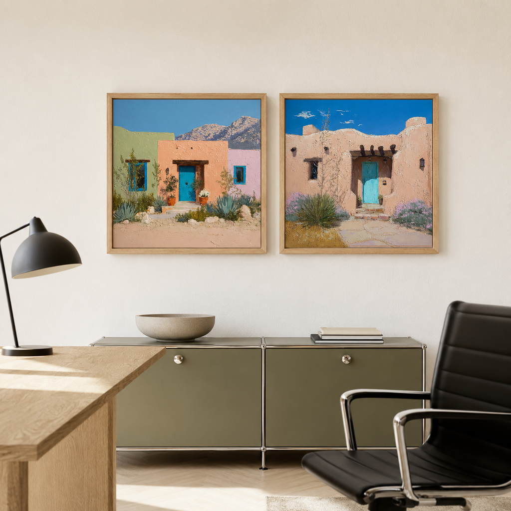 Santa Fe Adobe wall art set in bedroom