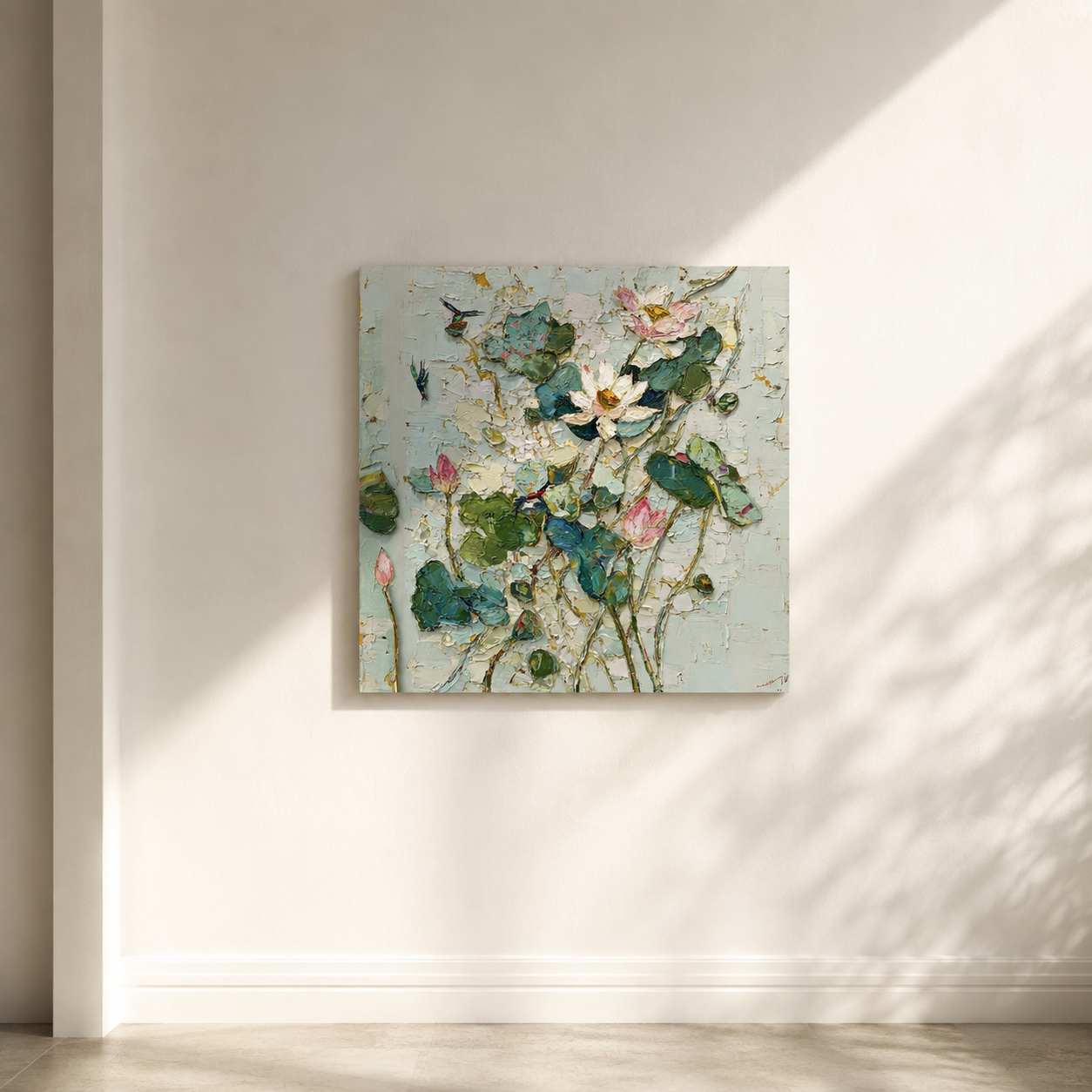 White Lotus square 3D UV textured wall art print on white wall