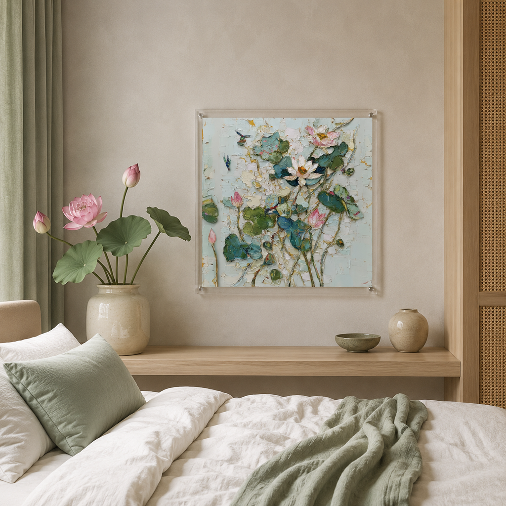 White Lotus square wall art print in room setting