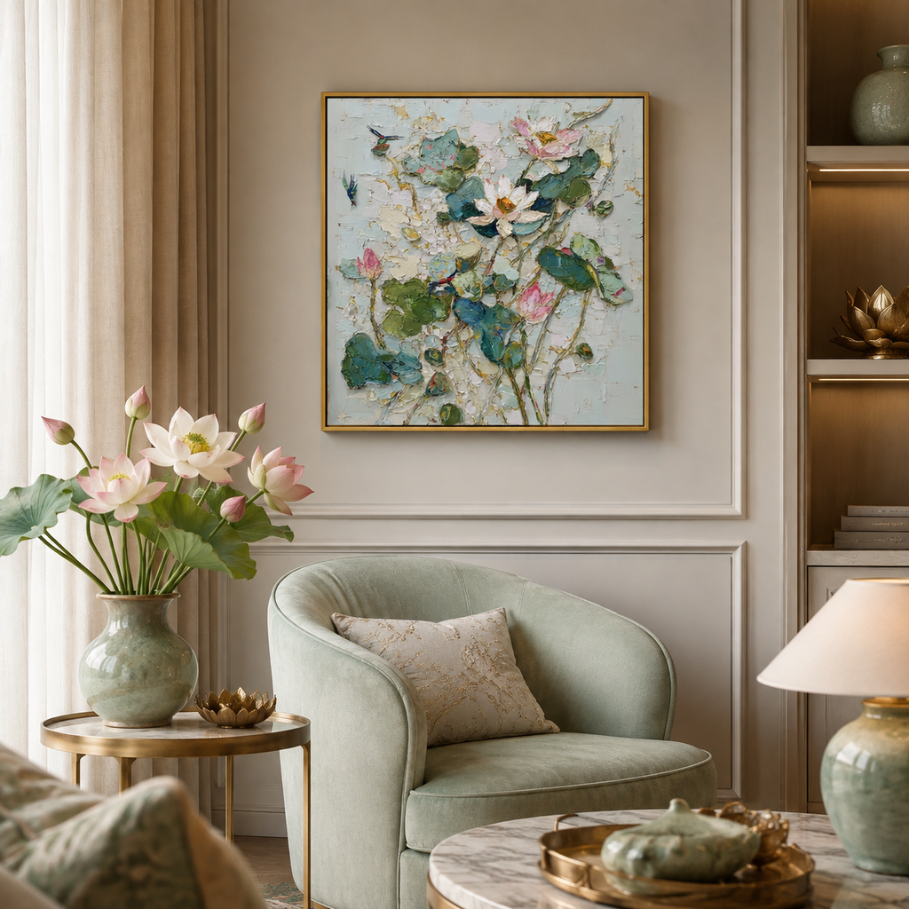 White Lotus square wall art print in living room