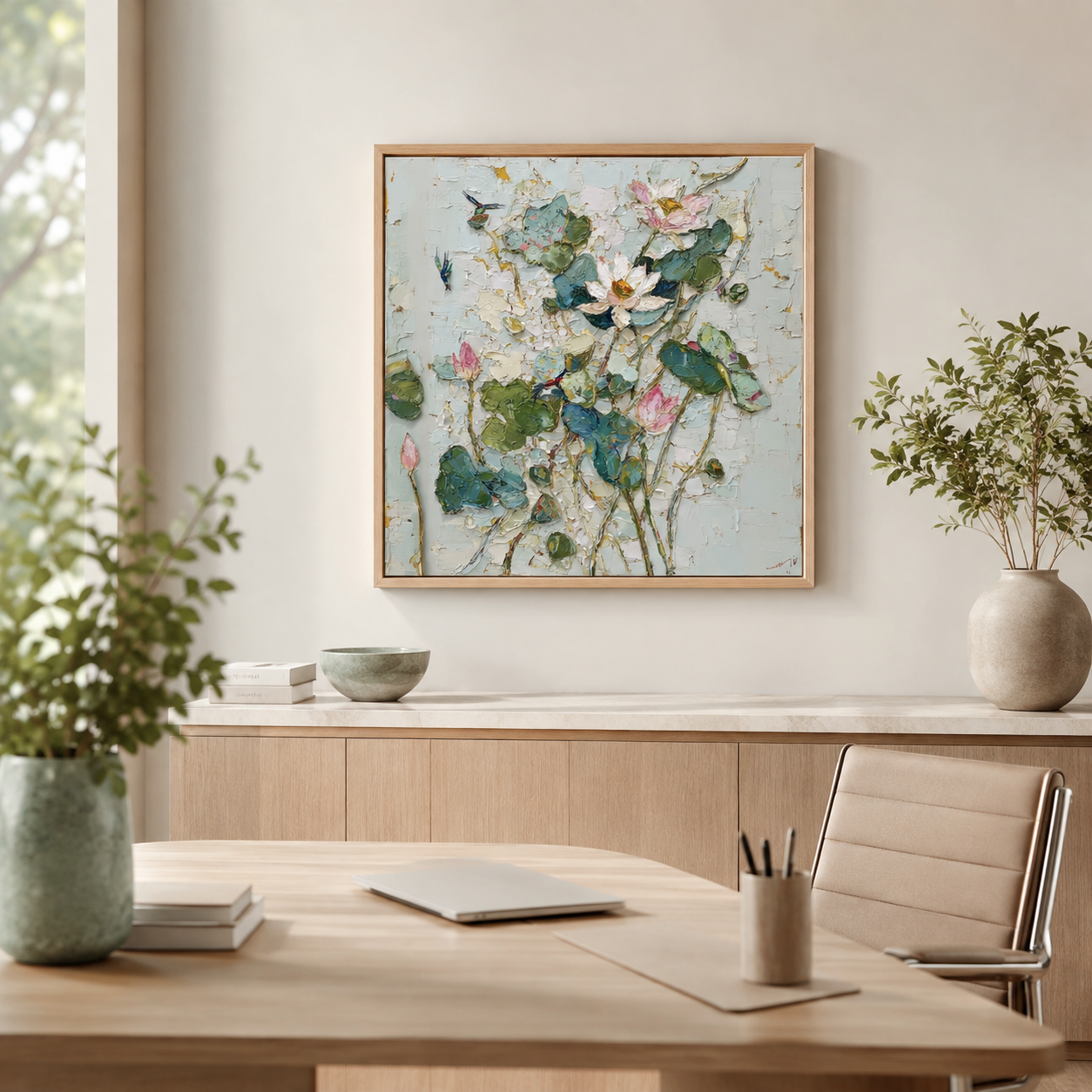White Lotus square wall art print in bedroom