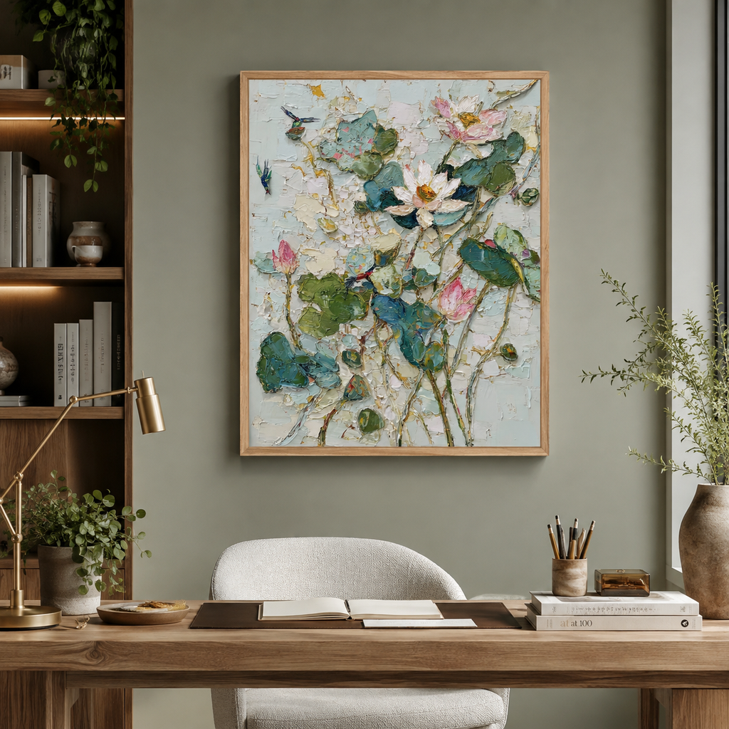 White Lotus portrait wall art print in bedroom