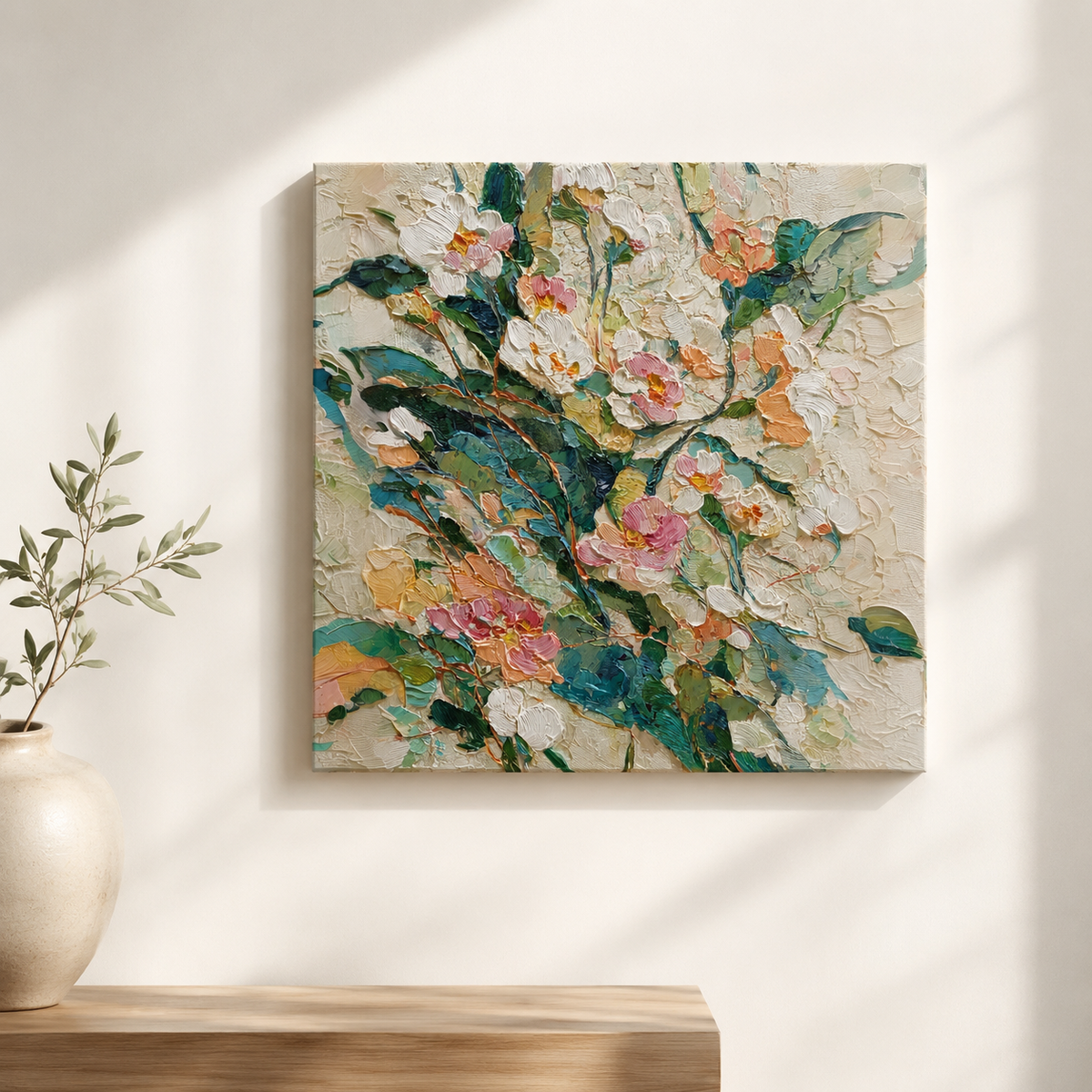 White Peonies square 3D UV textured wall art print on white wall