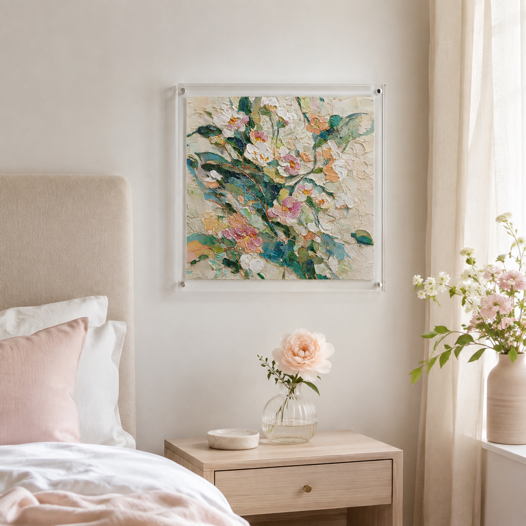 White Peonies square wall art print in room setting