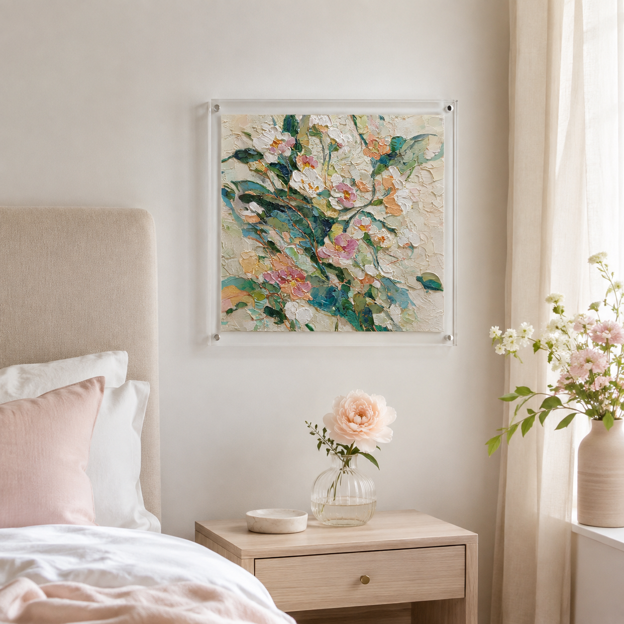 White Peonies square wall art print in room setting