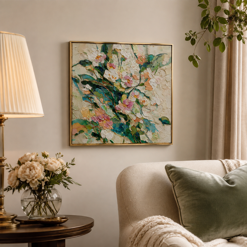 White Peonies square wall art print in living room