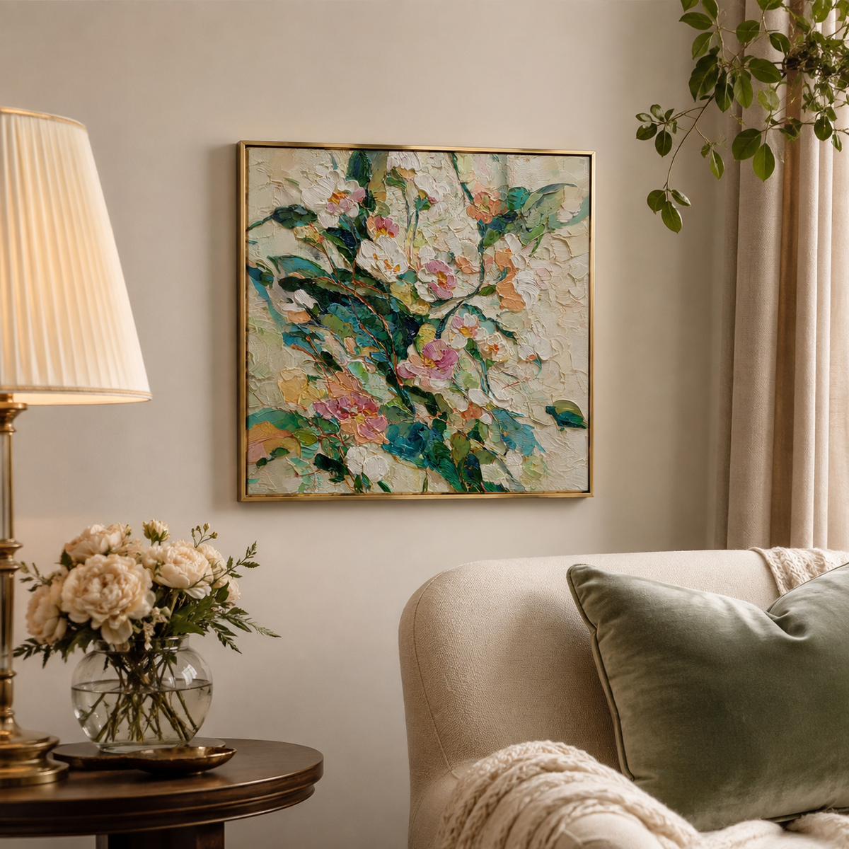 White Peonies square wall art print in living room