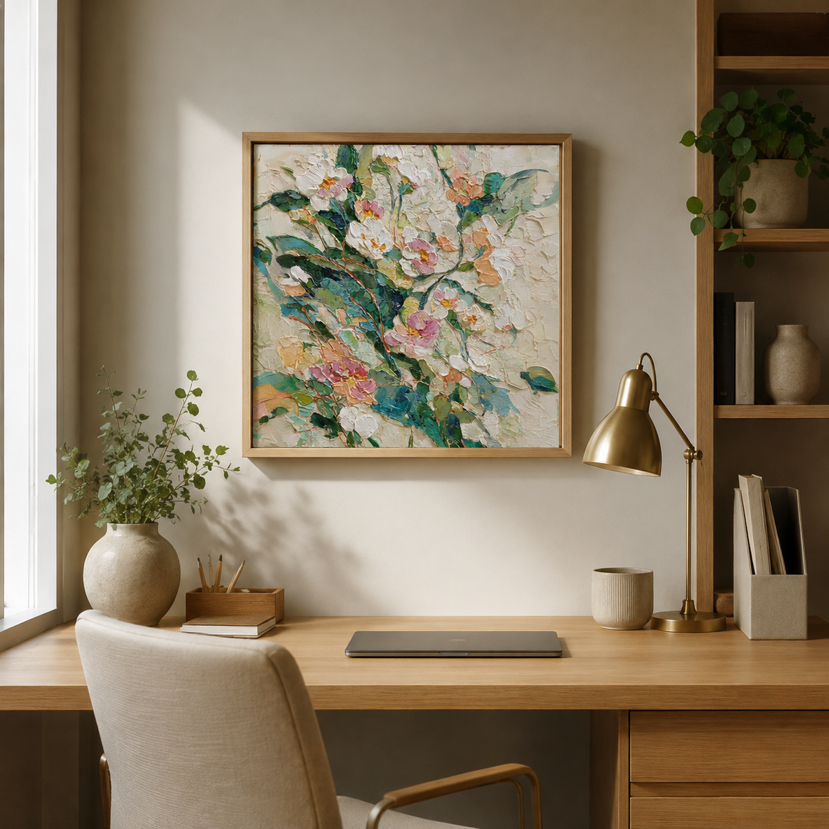 White Peonies square wall art print in bedroom