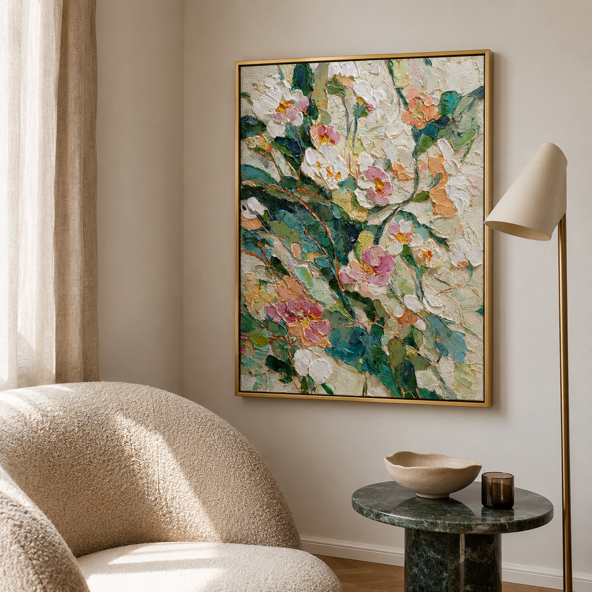 White Peonies portrait wall art print in living room