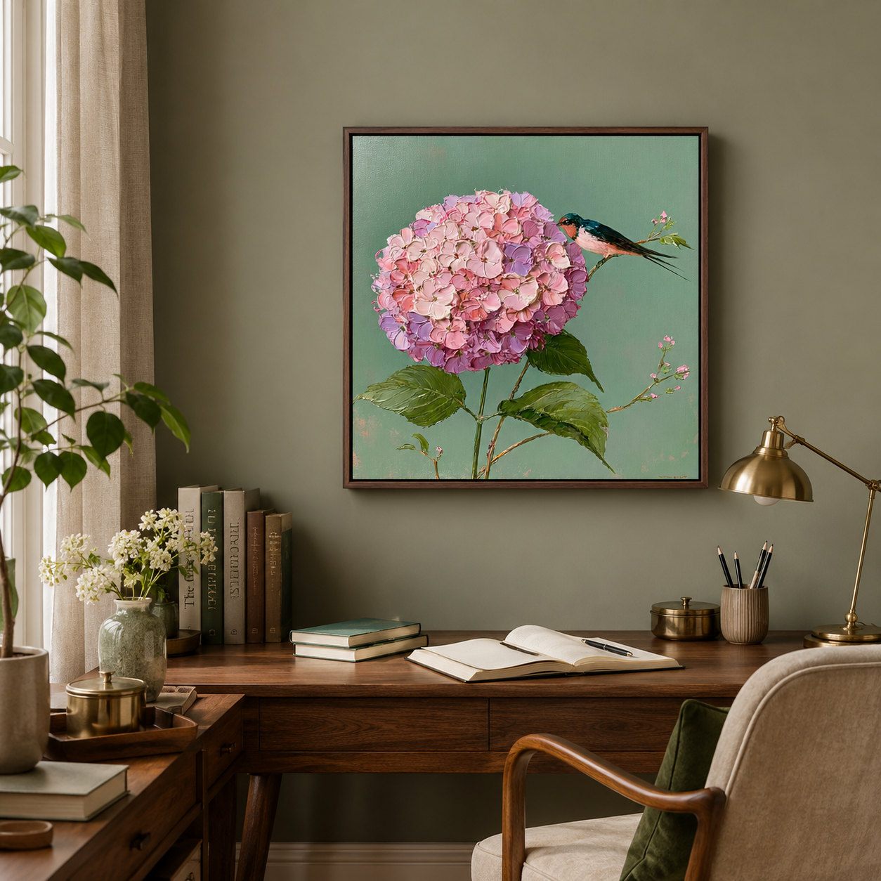 Birds on Hydrangeas — 3D UV Textured Wall Art Print