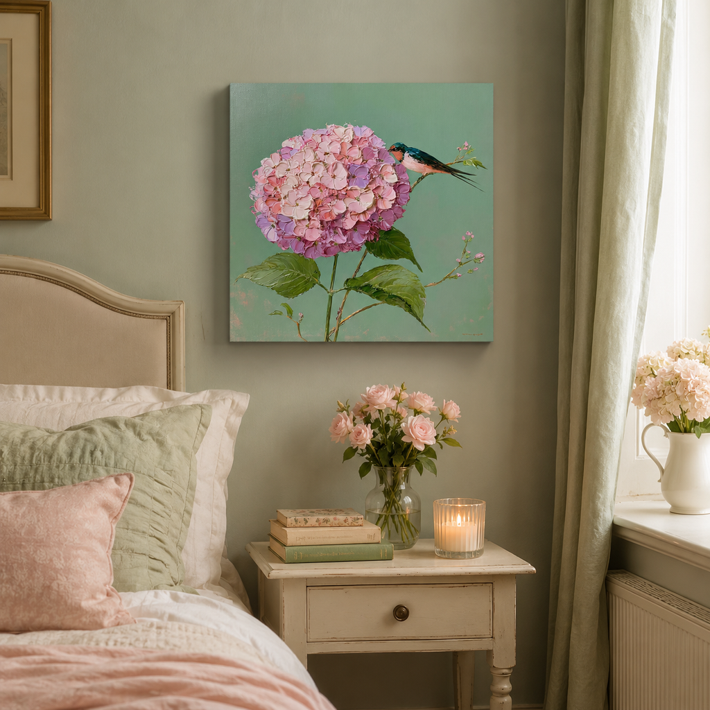 Birds on Hydrangeas — 3D UV Textured Wall Art Print