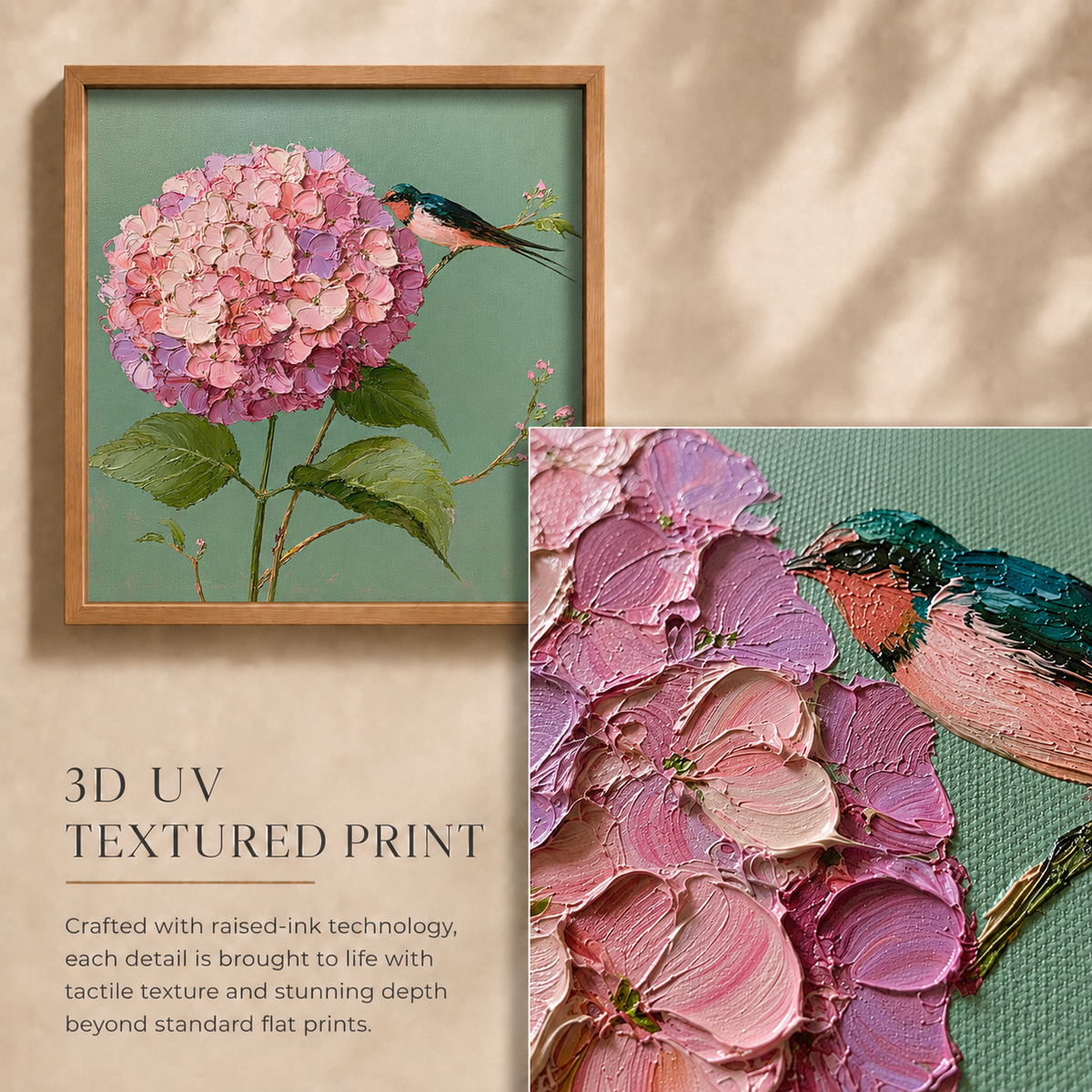 Birds on Hydrangeas — 3D UV Textured Wall Art Print