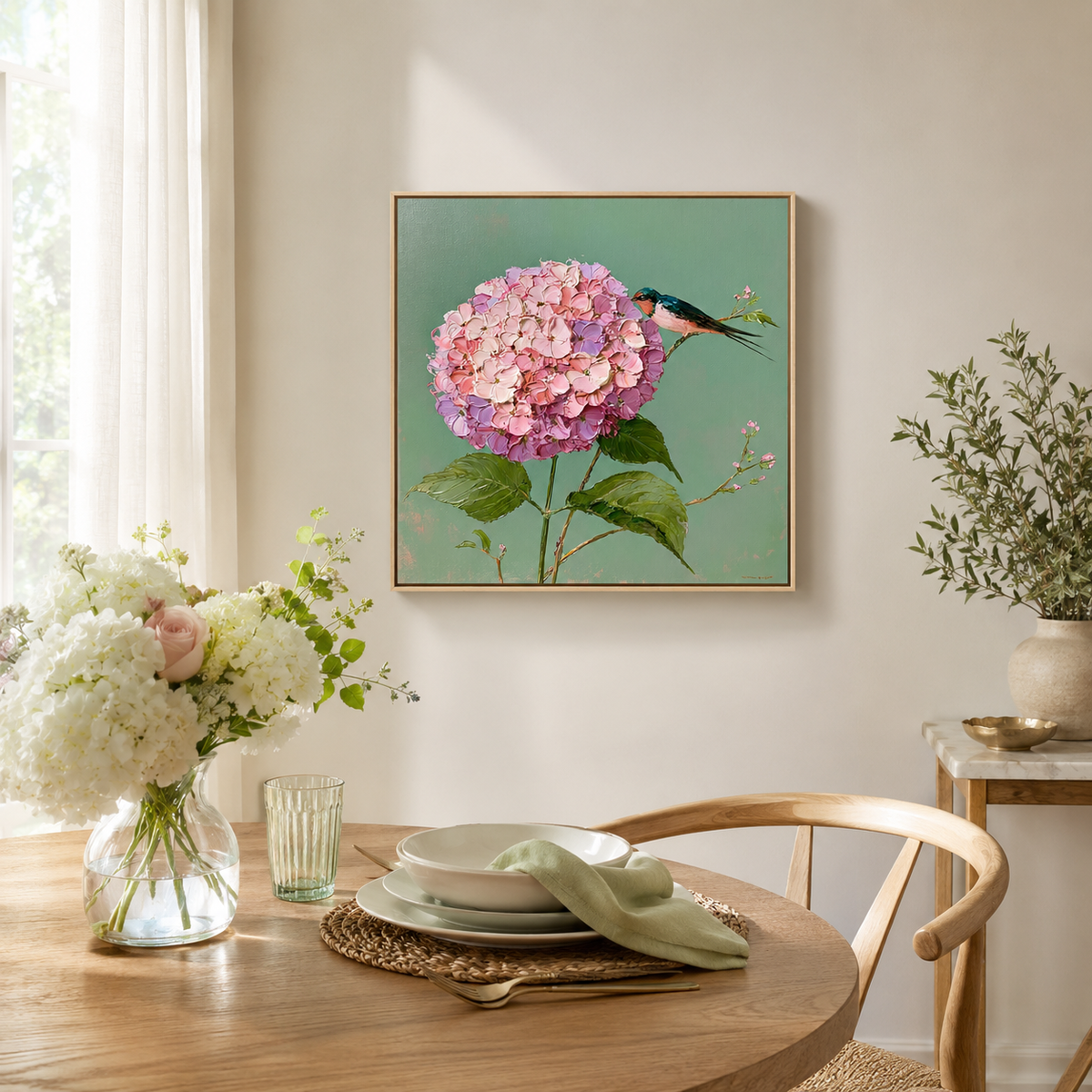 Birds on Hydrangeas — 3D UV Textured Wall Art Print