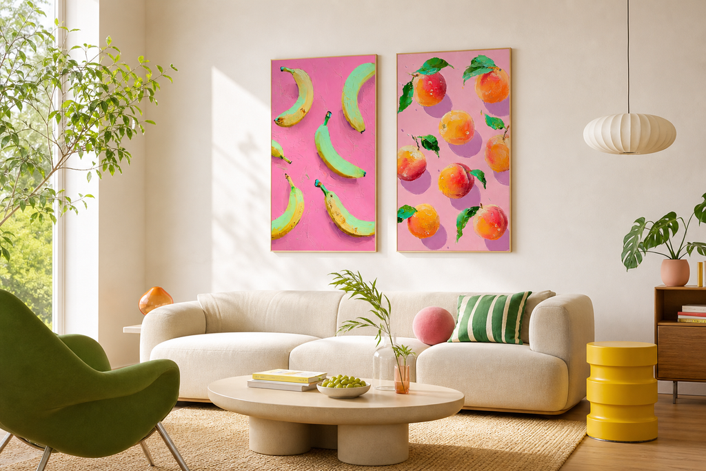 Living room with a white sofa, green chair, and colorful fruit-themed wall art.