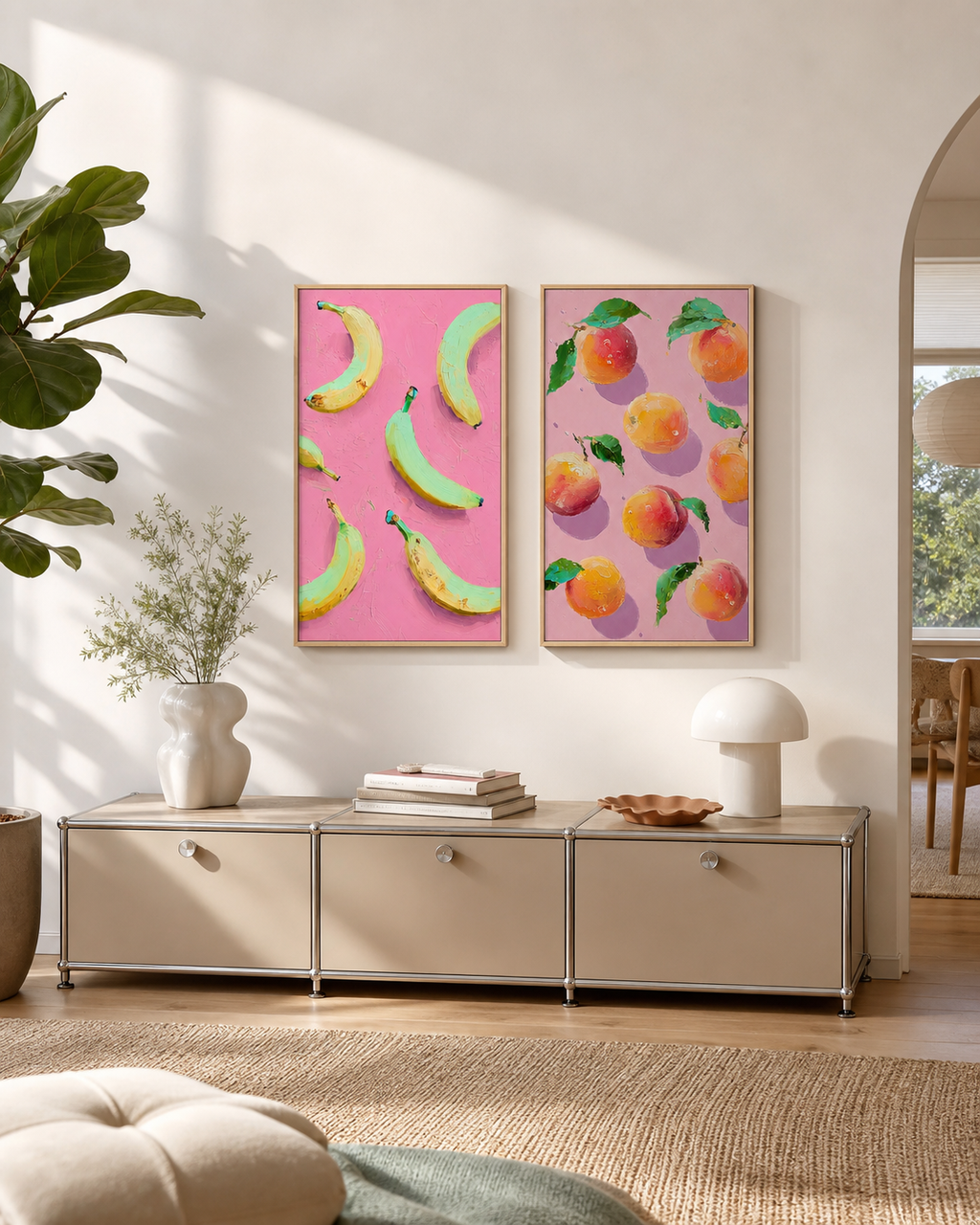 Living room with a beige sideboard, decorative plants, and colorful fruit-themed wall art.